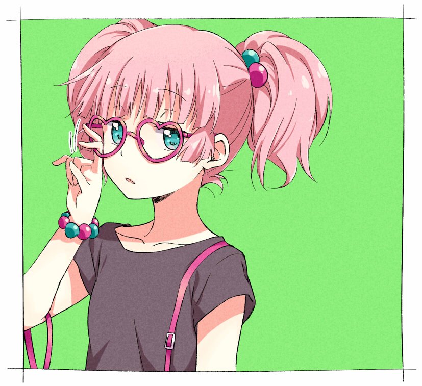 1girl aqua_eyes bespectacled black_shirt casual collarbone glasses green_background hair_bobbles hair_ornament heart heart-shaped_eyewear multicolored_hair_bobbles namori navel pink_hair shikou_ver2 shirt simple_background solo t-shirt twintails yoshikawa_chinatsu yuru_yuri