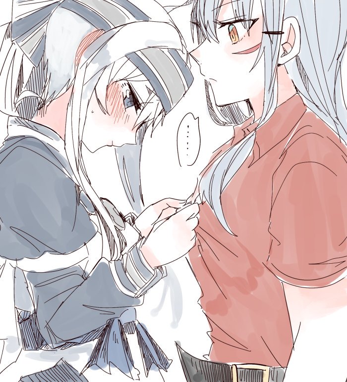 2girls ainu_clothes belt blue_eyes blush closed_mouth facial_scar gangut_(kantai_collection) grey_hair hair_ornament hairclip itomugi-kun japanese_clothes kamoi_(kantai_collection) kantai_collection kimono long_hair looking_at_viewer multiple_girls ponytail red_eyes red_shirt scar scar_on_cheek shirt silver_hair simple_background white_background yuri