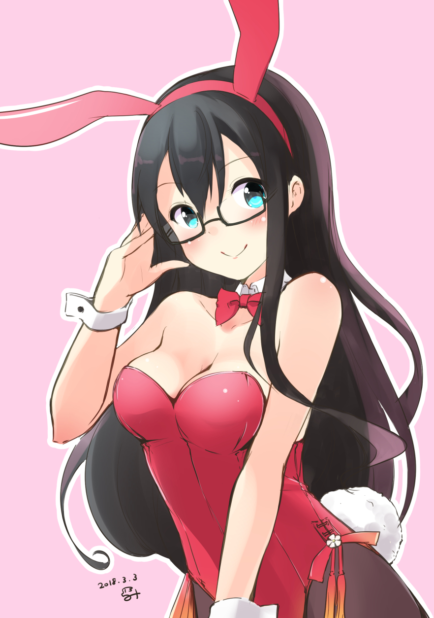 1girl adjusting_eyewear animal_ears black_hair blue_eyes bow bowtie breasts bunny_tail bunnysuit cleavage cowboy_shot dated detached_collar glasses highres kantai_collection leotard long_hair looking_at_viewer medium_breasts minidraco ooyodo_(kantai_collection) pantyhose pink_background rabbit_ears red_leotard red_neckwear semi-rimless_eyewear signature simple_background smile solo strapless strapless_leotard tail under-rim_eyewear wrist_cuffs
