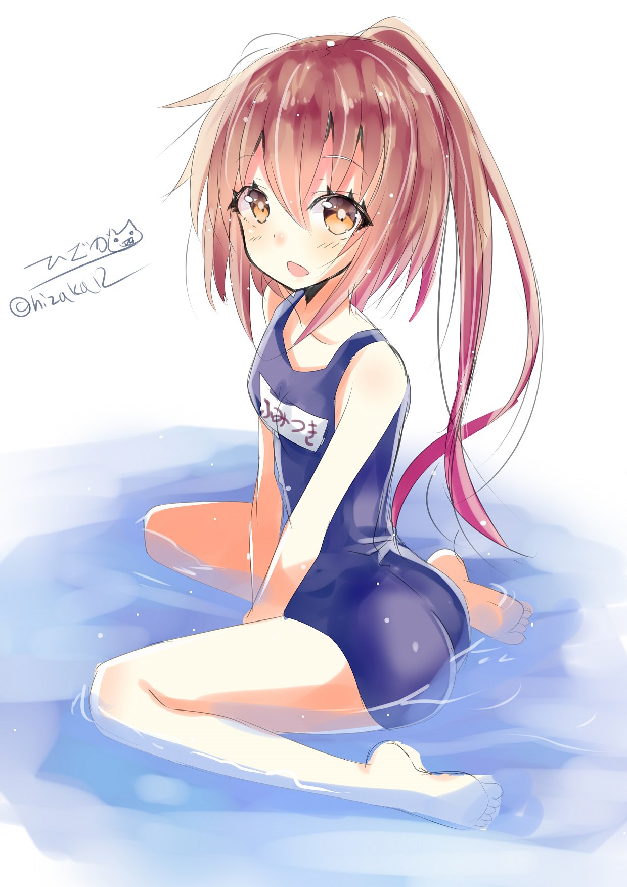 1girl alternate_costume ass blue_swimsuit blush breasts brown_eyes eyebrows_visible_through_hair full_body fumizuki_(kantai_collection) hair_between_eyes highres hizaka kantai_collection looking_back open_mouth ponytail school_swimsuit simple_background small_breasts solo swimsuit twitter_username water white_background