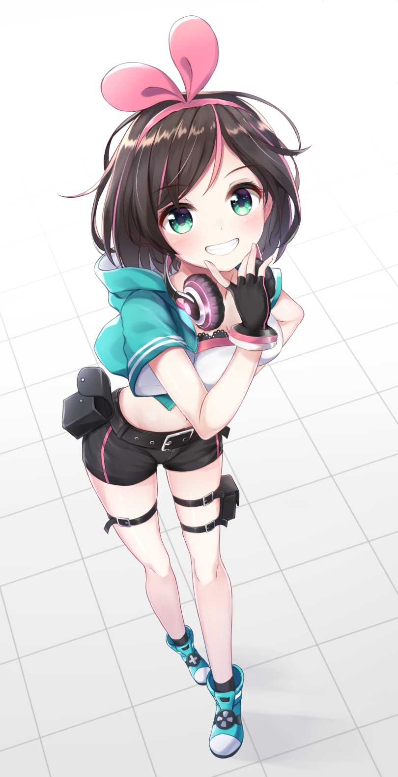 1girl a.i._channel alternate_costume alternate_hairstyle aqua_jacket bangs belt black_gloves black_shorts blue_footwear brown_hair clenched_teeth commentary_request eyebrows_visible_through_hair fingerless_gloves from_above gloves green_eyes hair_ribbon hairband headphones highres jacket kizuna_ai looking_at_viewer midriff mk82_(hoonsyh) multicolored_hair navel pink_hair pink_hairband pink_ribbon ribbon shoes short_hair short_sleeves shorts smile solo standing streaked_hair swept_bangs teeth virtual_youtuber