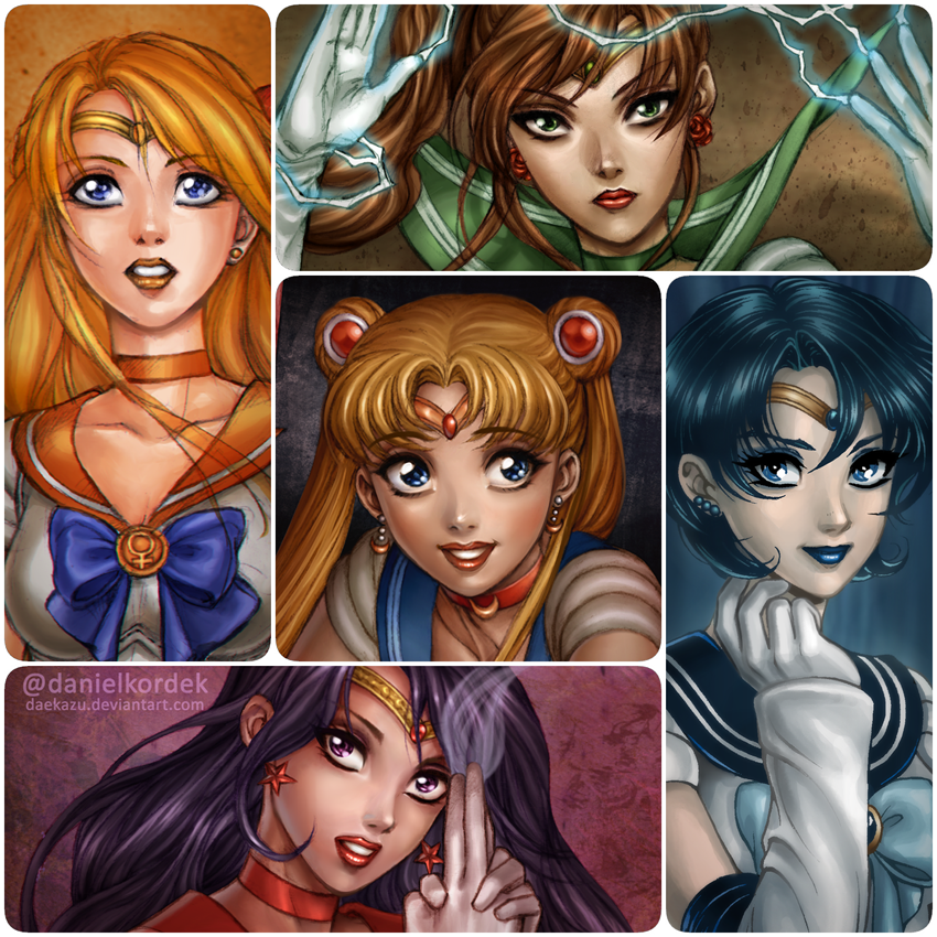 bangs bishoujo_senshi_sailor_moon blonde_hair blue_eyes blue_hair blue_lipstick choker commentary daekazu earrings electricity english_commentary gloves green_eyes jewelry lipstick long_hair looking_at_viewer magical_girl makeup orange_lipstick sailor_jupiter sailor_mars sailor_mercury sailor_moon sailor_venus serious short_hair smile smoke star star_earrings violet_eyes watermark web_address white_gloves