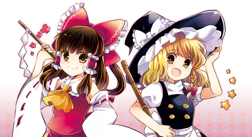 2girls :d apron ascot blonde_hair blouse blush bow braid brown_eyes brown_hair detached_sleeves dress hair_bow hair_tubes hakurei_reimu hat kirisame_marisa large_bow long_hair looking_at_viewer multiple_girls open_mouth ponytail side-by-side side_braid single_braid smile star suzune_yuuji touhou turtleneck waist_apron wavy_hair witch_hat yellow_eyes yellow_neckwear