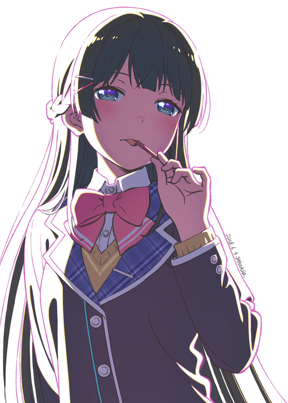 1girl artist_name bangs black_hair black_jacket blazer blue_eyes blunt_bangs blush bow bowtie buttons commentary_request dated highres jacket licking long_hair long_sleeves looking_at_viewer nijisanji pink_bow red_hairclip school_uniform shiwasu_takashi tongue tongue_out tsukino_mito upper_body virtual_youtuber white_background white_hairclip