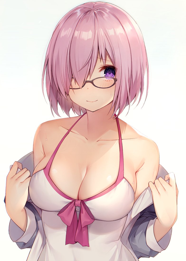1girl bare_shoulders black-framed_eyewear blush bow breasts cleavage collarbone fate/grand_order fate_(series) front-tie_top glasses hair_over_one_eye large_breasts lavender_hair long_sleeves looking_at_viewer mash_kyrielight muryotaro pink_bow short_hair smile sweatdrop swimsuit swimsuit_of_perpetual_summer upper_body violet_eyes white_background white_swimsuit