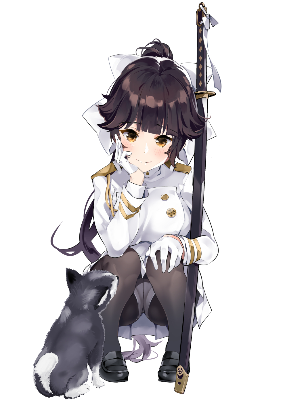 1girl animal_ears ann_(ann58533111) azur_lane black_footwear black_hair black_legwear breasts dog dog_ears dress gloves highres katana large_breasts long_hair military military_uniform panties panties_under_pantyhose pantyhose ponytail ribbon shoes short_hair skirt smile sword takao_(azur_lane) underwear uniform weapon white_dress white_gloves white_panties white_ribbon white_skirt yellow_eyes