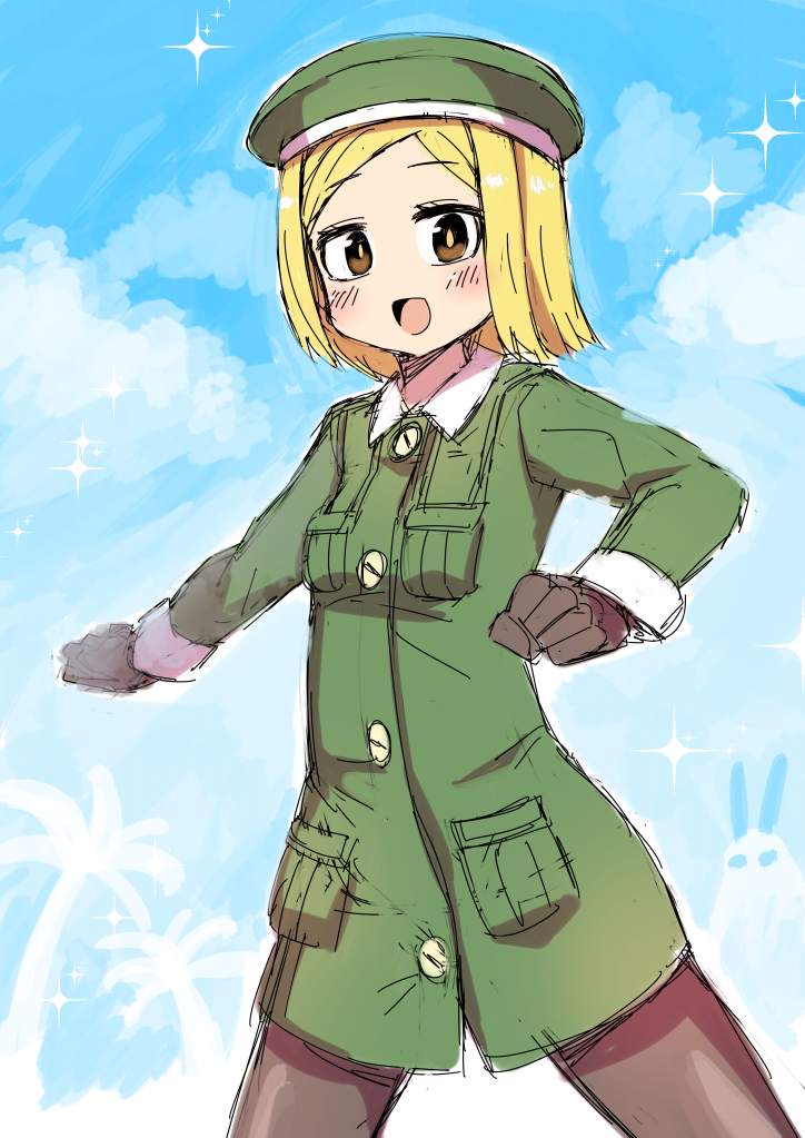 1girl :d bangs beret blonde_hair blue_sky blush brown_eyes brown_gloves brown_legwear clouds collared_jacket day etori eyebrows_visible_through_hair fate/grand_order fate_(series) forehead gloves green_hat green_jacket hat jacket long_sleeves looking_at_viewer open_mouth outdoors pantyhose parted_bangs paul_bunyan_(fate/grand_order) sky smile solo sparkle