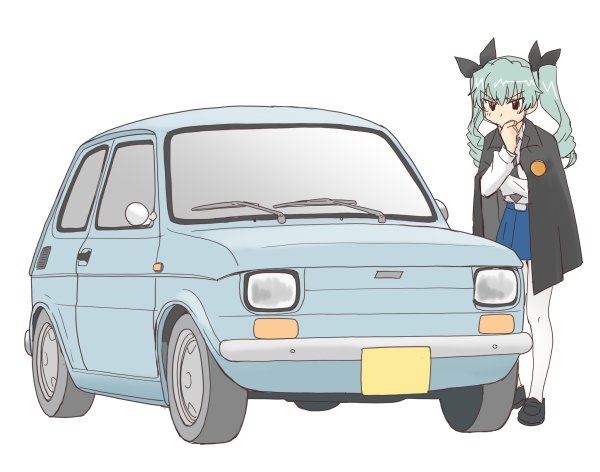 1girl anchovy anzio_school_uniform bangs belt black_cape black_footwear black_neckwear black_ribbon blue_skirt cape car commentary_request dress_shirt drill_hair eyebrows_visible_through_hair fiat_126 girls_und_panzer green_hair ground_vehicle hair_ribbon hand_on_own_chin loafers long_hair long_sleeves miniskirt motor_vehicle necktie pantyhose pleated_skirt red_eyes ribbon school_uniform shirt shoes simple_background skirt solo standing sweatdrop thinking twin_drills twintails uona_telepin white_background white_legwear white_shirt