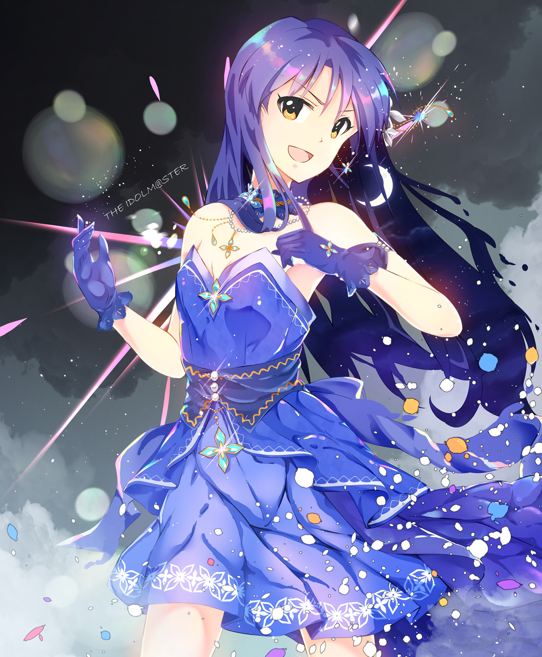 1girl :d blue_dress blue_gloves blue_hair breasts brown_eyes choker cleavage copyright_name cowboy_shot dress floating_hair gloves hair_between_eyes head_tilt highres idolmaster idolmaster_(classic) idolmaster_million_live! idolmaster_million_live!_theater_days jewelry kisaragi_chihaya long_hair looking_at_viewer necklace ns.x open_mouth short_dress sleeveless sleeveless_dress small_breasts smile solo standing strapless strapless_dress very_long_hair