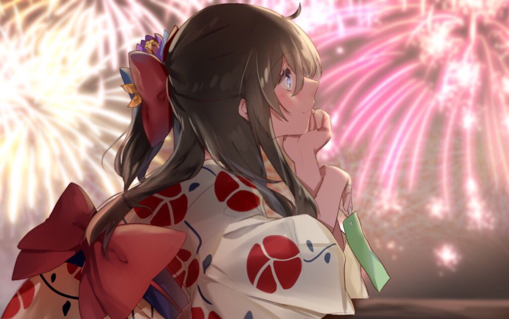 1girl black_hair blue_eyes bow eyebrows_visible_through_hair fireworks flower from_side hair_between_eyes hair_bow hair_flower hair_ornament japanese_clothes kimono long_hair looking_up nanakagura night obi original red_bow sash solo tanabata upper_body yukata