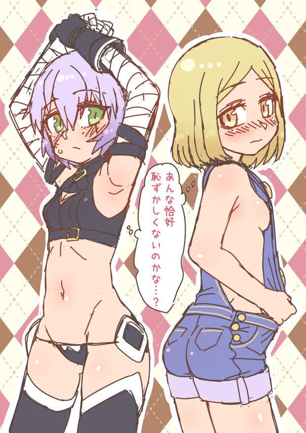 2girls arms_up bandage bandaged_arm bangs bare_arms bare_shoulders black_gloves black_legwear black_panties black_shirt blonde_hair blush breasts brown_eyes closed_mouth etori eyebrows_visible_through_hair facial_scar fate/grand_order fate_(series) gloves green_eyes groin hair_between_eyes jack_the_ripper_(fate/apocrypha) looking_at_viewer lowleg lowleg_panties multiple_girls naked_overalls navel nose_blush overalls panties parted_bangs paul_bunyan_(fate/grand_order) plaid plaid_background purple_hair scar scar_across_eye scar_on_cheek shirt single_glove sleeveless sleeveless_shirt small_breasts sweat thigh-highs translated underwear