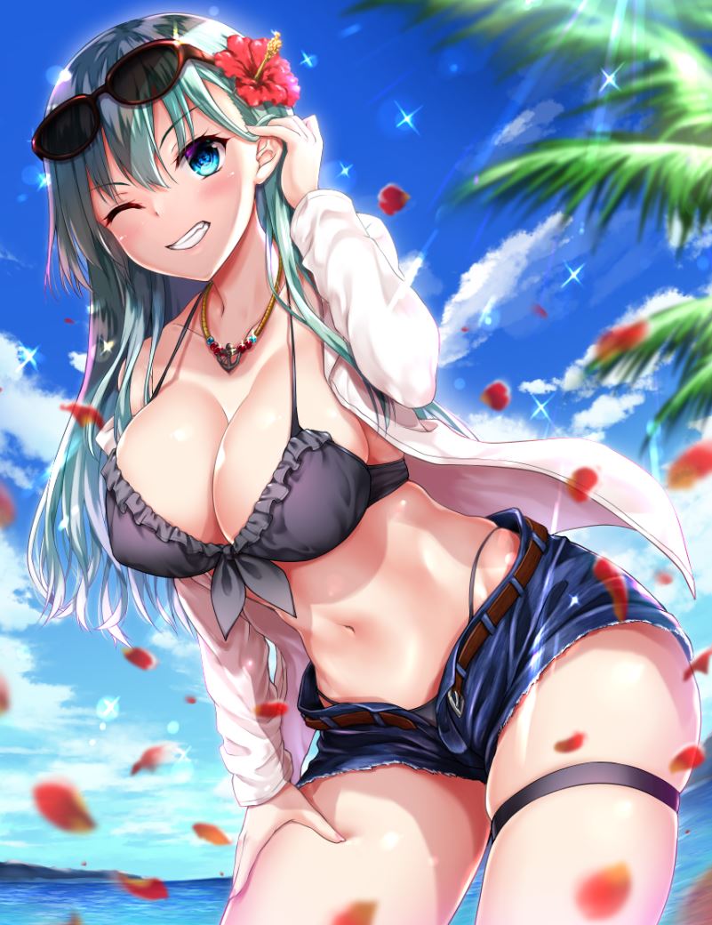 1girl akizuki_akina alternate_eye_color aqua_hair bikini black_bikini blue_eyes blue_shorts breasts brown_belt cherry_blossoms cleavage collarbone day denim denim_shorts eyewear_on_head flower grey_bikini grin hair_flower hair_ornament hand_on_own_thigh jewelry kantai_collection large_breasts leaning_forward long_hair long_sleeves looking_at_viewer navel necklace ocean one_eye_closed open_clothes open_fly open_shirt outdoors shirt short_shorts shorts skindentation sky smile solo sunglasses suzuya_(kantai_collection) swimsuit thigh_strap thong tree upper_body white_shirt