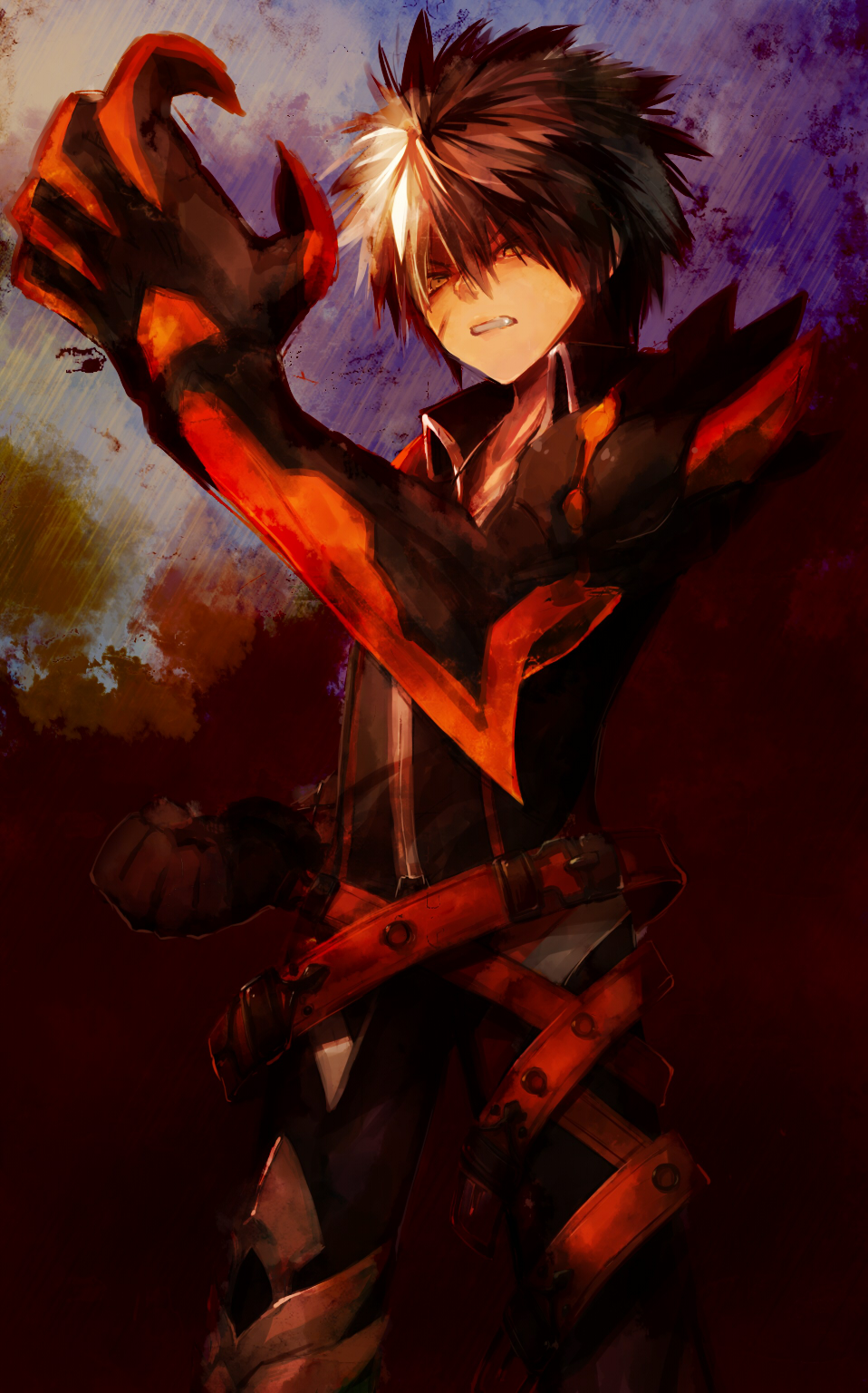 1boy belt black_gloves black_shirt clenched_teeth elsword gloves highres malmaron mechanical_arm multicolored_hair pants raven_(elsword) reckless_fist_(elsword) scar serious shirt solo teeth two-tone_hair yellow_eyes
