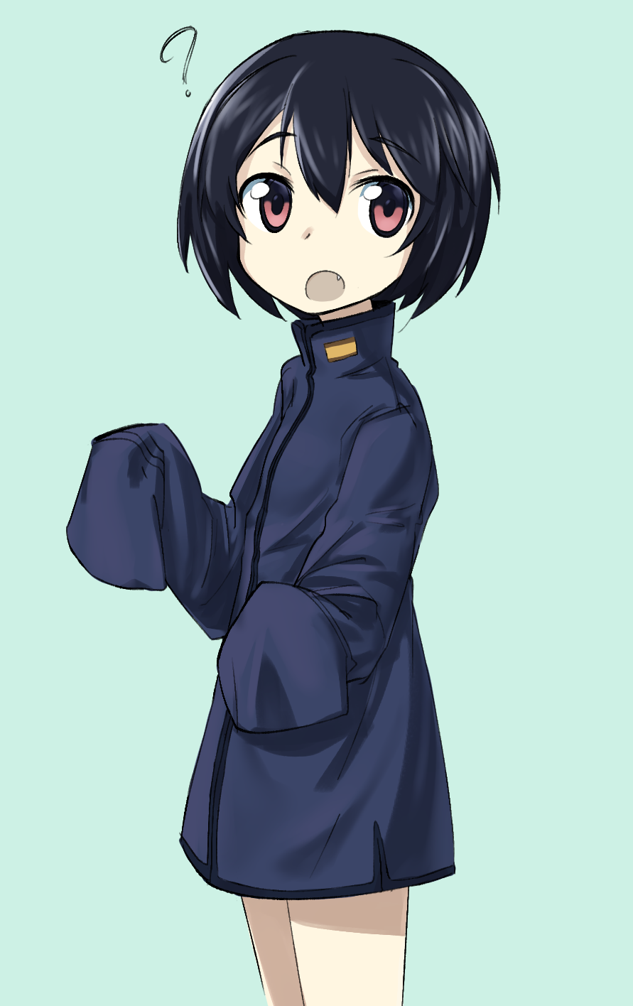 1girl ? black_hair blue_jacket brave_witches commentary cowboy_shot english_commentary eyebrows_visible_through_hair fang fankupl from_side green_background highres jacket looking_at_viewer military military_uniform open_mouth oversized_clothes red_eyes shimohara_sadako short_hair simple_background sleeves_past_wrists solo standing uniform world_witches_series younger