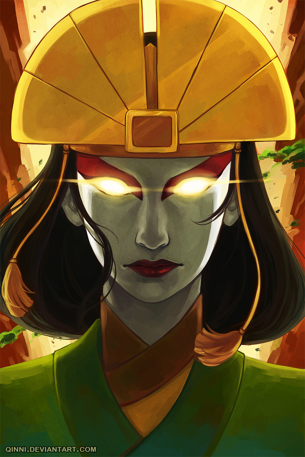 1girl avatar:_the_last_airbender avatar_(series) closed_mouth commentary english_commentary glowing glowing_eyes highres kyoshi_(avatar) lipstick looking_at_viewer makeup qinni solo watermark web_address