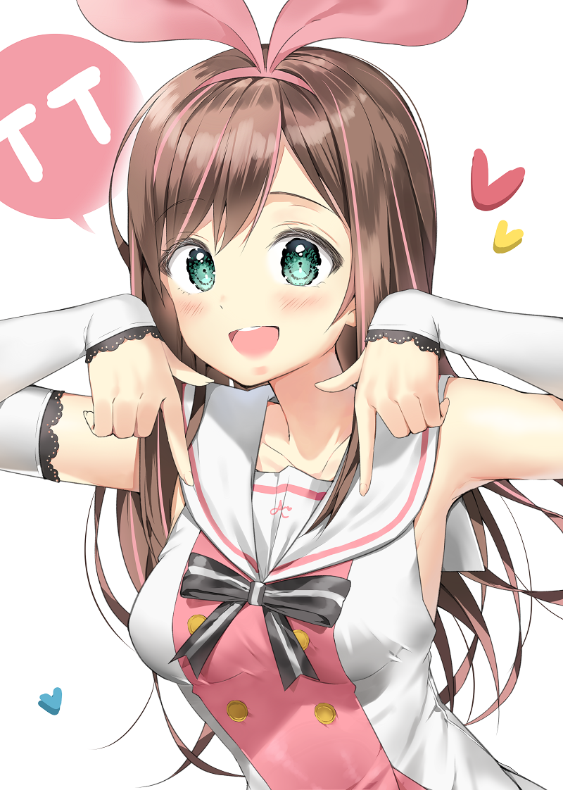 1girl a.i._channel aqua_eyes armpits bare_shoulders blush breasts brown_hair collarbone detached_sleeves double-breasted h_shai hairband kizuna_ai long_hair long_sleeves looking_at_viewer medium_breasts multicolored_hair open_mouth pink_hair pink_hairband pointing pointing_at_self round_teeth shirt sleeveless sleeveless_shirt smile teeth two-tone_hair upper_body virtual_youtuber