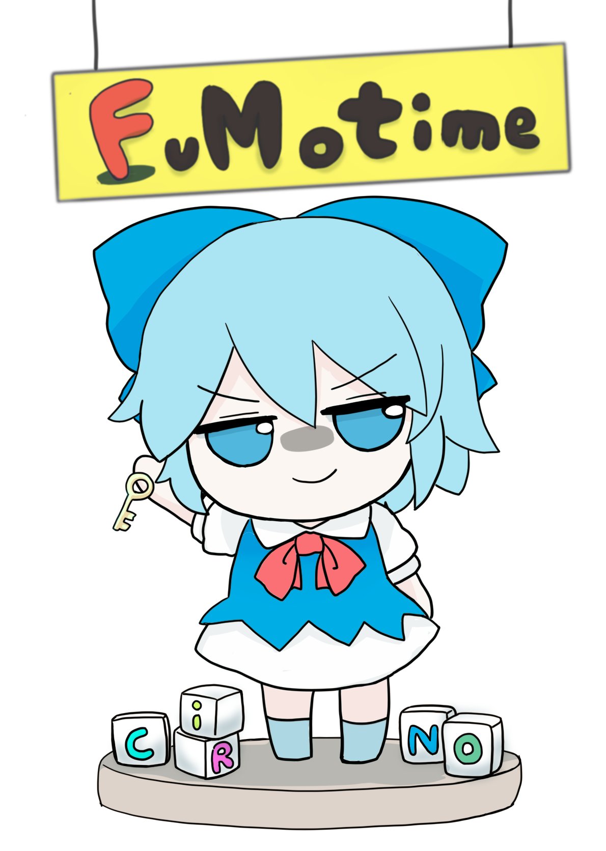 1girl bangs blue_bow blue_dress blue_eyes blue_footwear blue_hair bow character_doll character_name cirno collared_shirt cube doll dress english_text flat_chest fumo_(doll) highres ice ice_wings key long_dress looking_at_viewer neck_ribbon pinafore_dress puffy_short_sleeves puffy_sleeves red_neckwear rei_(tonbo0430) ribbon shaded_face shirt short_dress short_hair short_sleeves simple_background smile solo touhou v-shaped_eyebrows white_background white_shirt wings