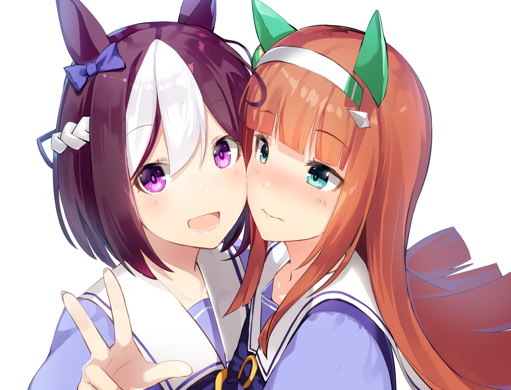 2girls :d animal_ears bangs blue_eyes blunt_bangs bow eyebrows_visible_through_hair hair_bow hairband hime_cut horse_ears horse_girl long_hair looking_at_viewer meth_(emethmeth) multicolored_hair multiple_girls open_mouth orange_hair school_uniform short_hair silence_suzuka simple_background smile special_week two-tone_hair umamusume violet_eyes white_background white_hair