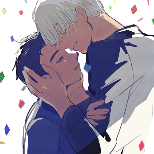2boys black_hair blurry close-up closed_eyes confetti depth_of_field face facing_away fingernails forehead-to-forehead futon_(katarosu) grey_hair hair_over_one_eye hands_on_another's_face happy katsuki_yuuri long_sleeves lowres male_focus monochrome multiple_boys noses_touching profile short_hair simple_background smile upper_body viktor_nikiforov white_background yaoi yuri!!!_on_ice