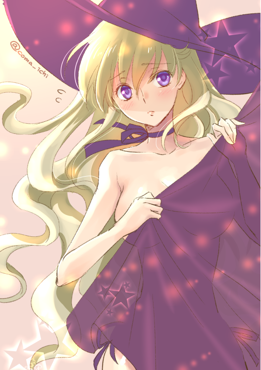 1girl artist_name blonde_hair blush breasts choker cleavage code_geass:_boukoku_no_akito collarbone eyebrows_visible_through_hair floating_hair hair_between_eyes hat head_tilt holding komaichi large_breasts leila_(code_geass) long_hair nude purple_hat purple_ribbon ribbon ribbon_choker see-through_silhouette sideboob solo standing star very_long_hair violet_eyes witch_hat