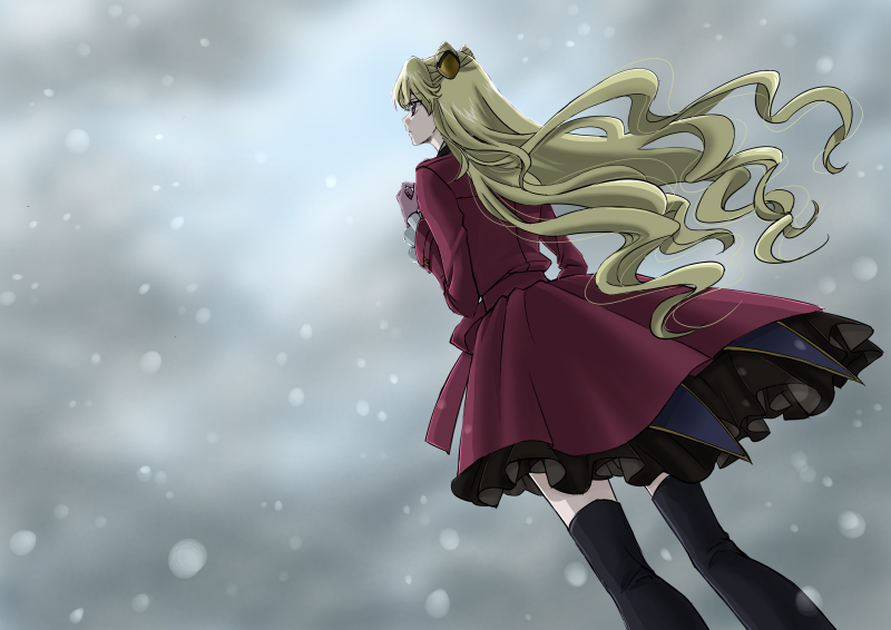 black_footwear blonde_hair boots clouds cloudy_sky coat code_geass:_boukoku_no_akito floating_hair from_behind from_below hair_ornament komaichi leila_(code_geass) long_hair looking_up outdoors red_coat sky snowing thigh-highs thigh_boots very_long_hair