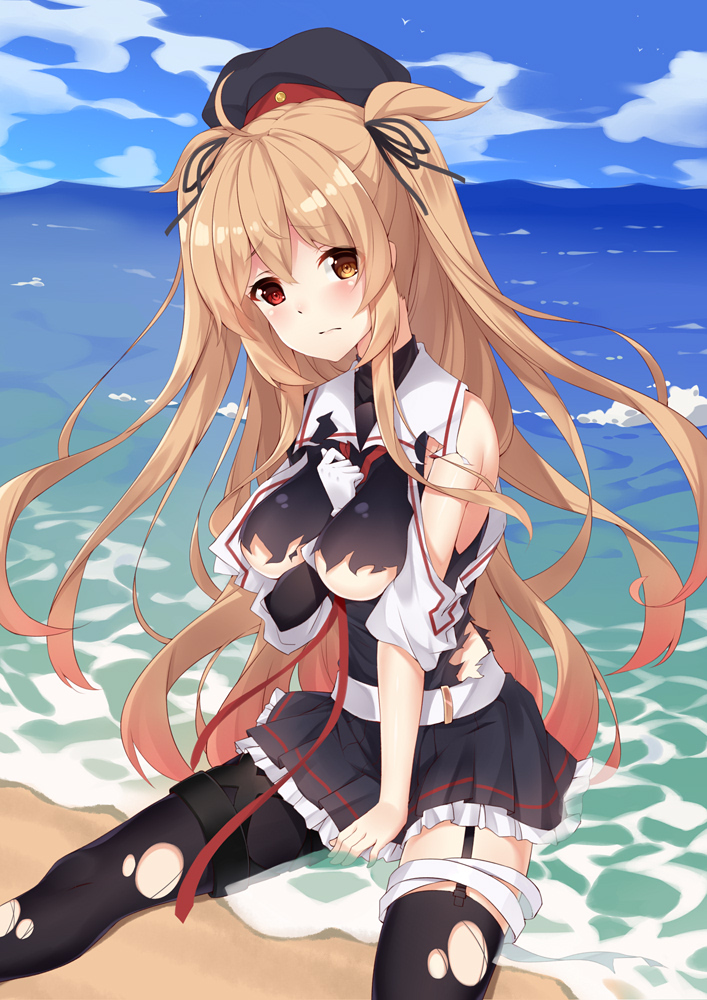 1girl beach belt black_skirt blush breasts brown_hair closed_mouth clouds cloudy_sky eyes hat kantai_collection long_hair looking_at_viewer medium_breasts miniskirt multicolored multicolored_eyes murasame_(kantai_collection) ocean pantyhose red_eyes school_uniform serafuku sitting skirt sky solo thigh-highs thighs torn_clothes torn_thighhighs very_long_hair yellow_eyes yuxian_youka