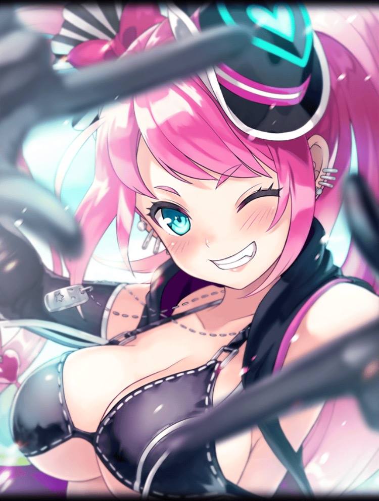 1girl aqua_eyes artist_request black_bikini_top black_gloves black_killers_(phantom_of_the_kill) breasts cleavage dog_tags earrings freikugel gloves hair_ornament hat jewelry large_breasts long_hair looking_at_viewer official_art one_eye_closed phantom_of_the_kill pink_hair smile