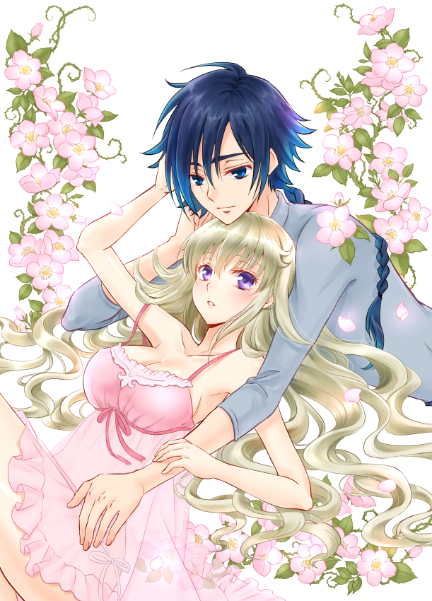 1boy 1girl blonde_hair blue_eyes blue_hair braid breasts cleavage code_geass:_boukoku_no_akito collarbone couple dress flower hair_between_eyes hand_in_another's_hair hyuuga_akito komaichi large_breasts leila_(code_geass) long_hair lying on_back on_stomach parted_lips petals pink_dress pink_flower pink_ribbon ponytail rei_no_himo ribbon short_dress sideboob single_braid sleeveless sleeveless_dress smile very_long_hair violet_eyes white_background