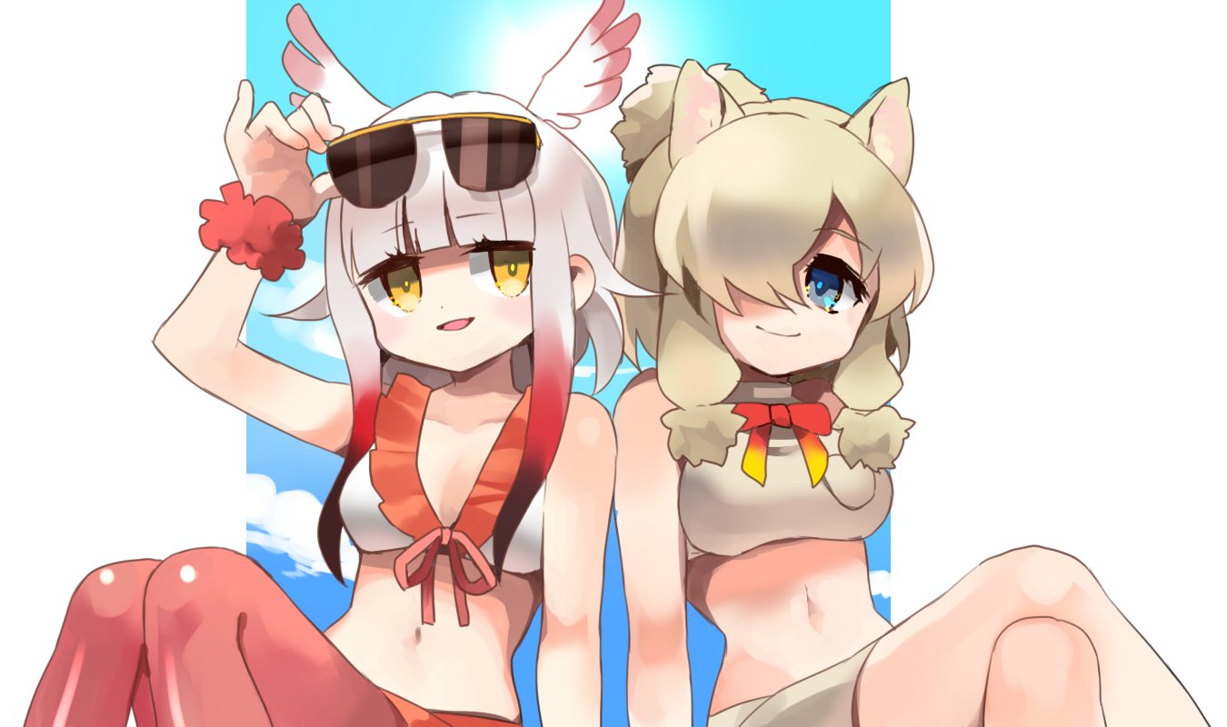 2girls adapted_costume alpaca_ears alpaca_suri_(kemono_friends) animal_ears bangs bare_arms bare_shoulders bikini bikini_top bird_tail bird_wings black_hair blue_eyes bracelet commentary_request eyebrows_visible_through_hair hair_bun hair_over_one_eye hair_tubes hand_on_eyewear japanese_crested_ibis_(kemono_friends) jewelry kemono_friends midriff multicolored_hair multiple_girls navel neck_ribbon pantyhose red_legwear redhead ribbon short_hair sidelocks sunglasses swimsuit wagiyabosa_jirou wings yellow_eyes