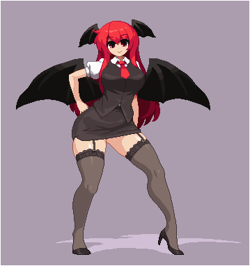 breasts garter_straps head_wings high_heels koakuma large_breasts lowres necktie red_eyes redhead takorin the_embodiment_of_scarlet_devil thigh-highs touhou wings zettai_ryouiki