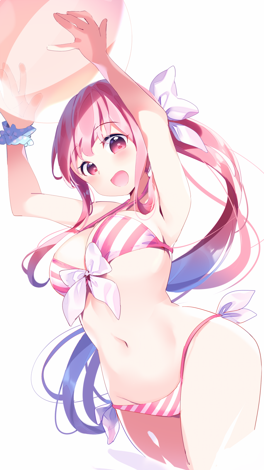 1girl :d arms_up ball bangs bare_shoulders beachball bikini blue_scrunchie blush bow bow_bikini breasts chikuwa. cleavage commentary_request eyebrows_visible_through_hair groin hair_bow highres holding holding_ball large_breasts long_hair looking_at_viewer navel open_mouth original pink_hair polka_dot polka_dot_scrunchie ponytail red_eyes scrunchie side-tie_bikini simple_background smile solo striped striped_bikini swimsuit transparent very_long_hair white_background white_bow wrist_scrunchie