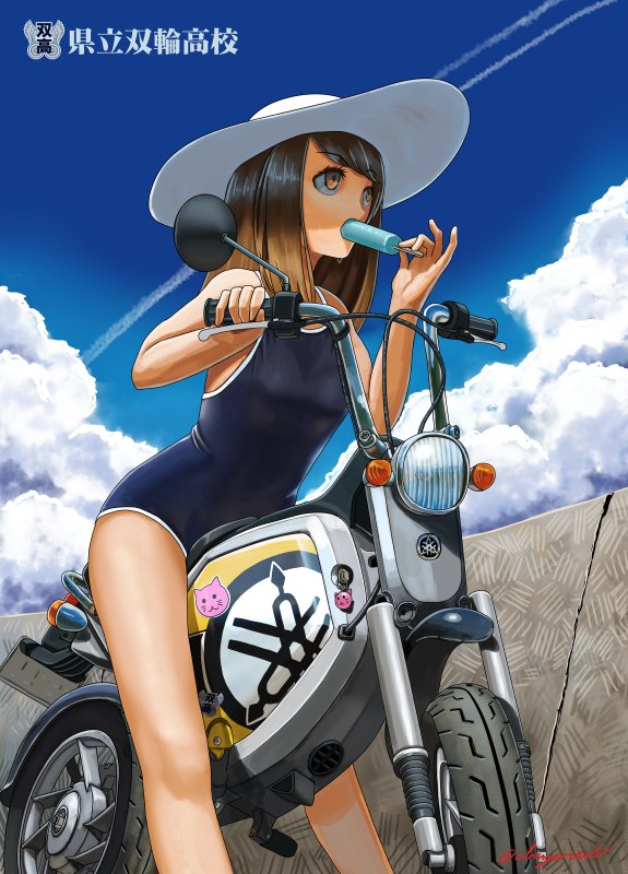 1girl abazu-red animal_print artist_name blue_sky blue_swimsuit cat_print clouds cloudy_sky condensation_trail day eating eyebrows_visible_through_hair food ground_vehicle hat holding holding_food leaning_forward looking_to_the_side medium_hair motor_vehicle motorcycle mouth_hold one-piece_swimsuit original outdoors popsicle riding signature sitting sky solo sticker straight_hair sun_hat swimsuit vehicle_request white_hat