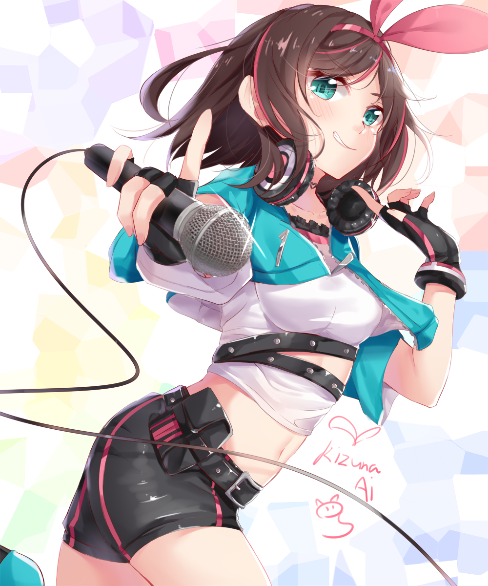 1girl a.i._channel bangs belt_buckle black_belt black_gloves black_shorts blue_jacket breasts brown_hair buckle character_name collarbone commentary crop_top eyebrows_visible_through_hair fingerless_gloves gloves green_eyes grin hair_ribbon hand_up headphones headphones_around_neck heart highres holding holding_microphone index_finger_raised jacket kizuna_ai medium_breasts microphone multicolored_hair nahaki navel open_clothes open_jacket parted_bangs pink_hair pink_ribbon ribbon shirt short_hair short_shorts shorts smile smirk solo streaked_hair virtual_youtuber white_shirt