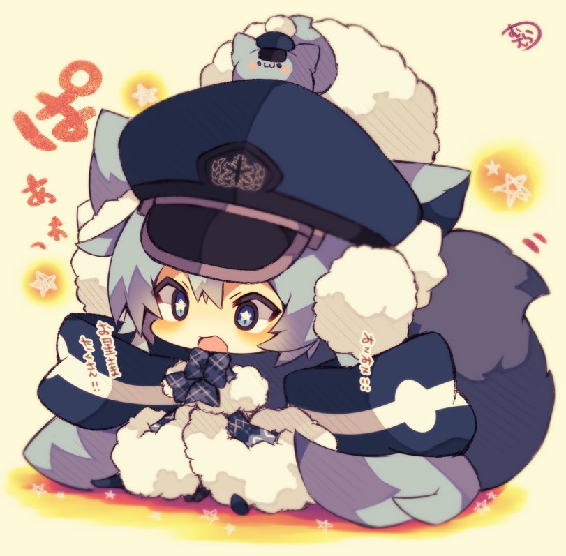 &gt;:d 1girl :3 blue_eyes chibi commentary_request full_body grey_hair hat muuran original peaked_cap snowflake_print star star-shaped_pupils symbol-shaped_pupils translated