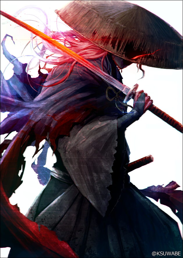 1boy commentary_request fate/grand_order fate_(series) glowing hakama haori hat hidden_eyes holding holding_sword holding_weapon japanese_clothes kei-suwabe long_hair long_sleeves okada_izou_(fate) over_shoulder solo sword sword_over_shoulder weapon weapon_over_shoulder white_background wide_sleeves