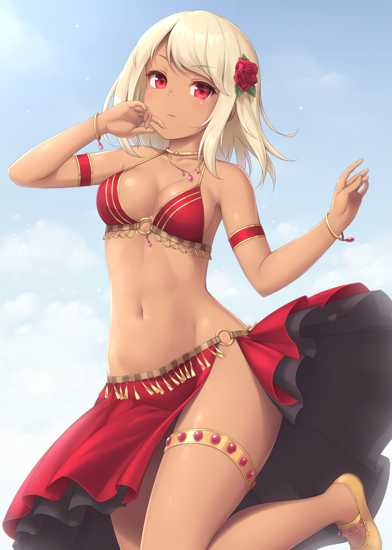 1girl armpits bangs bare_arms bare_shoulders bikini breasts cowboy_shot dancer dark_skin eyebrows_visible_through_hair flower groin hair_flower hair_ornament halterneck layered_skirt looking_at_viewer midriff navel o-ring o-ring_bottom original red_bikini red_eyes red_skirt rose sasaame serious short_hair sideboob skirt standing standing_on_one_leg swept_bangs swimsuit thighs