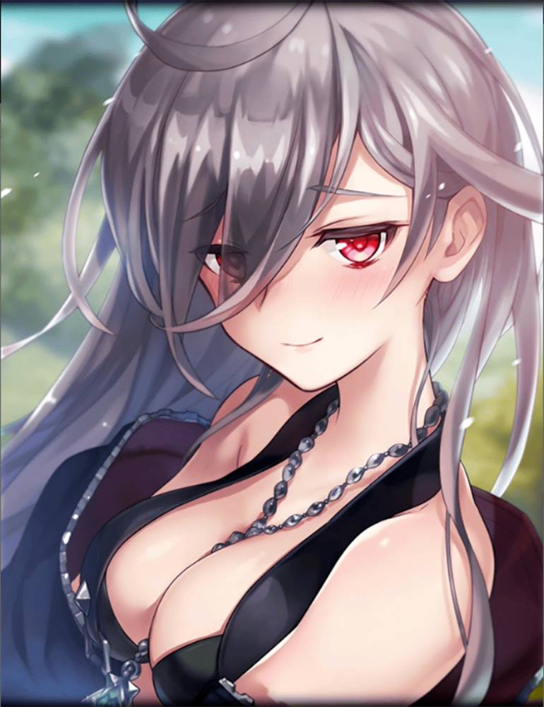 1girl artist_request black_jacket black_killers_(phantom_of_the_kill) blush breasts cleavage eyebrows_visible_through_hair eyes_visible_through_hair jacket jewelry laevateinn_(phantom_of_the_kill) large_breasts long_hair looking_at_viewer necklace official_art phantom_of_the_kill red_eyes silver_hair smile solo