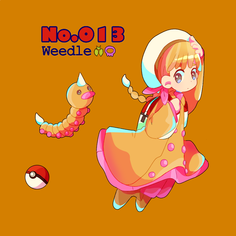 1girl androgynous backpack bag bangs braid brown_background character_name full_body hand_up hat looking_behind mameeekueya moemon personification poke_ball pokemon pokemon_(creature) pokemon_number simple_background single_braid solo white_hat