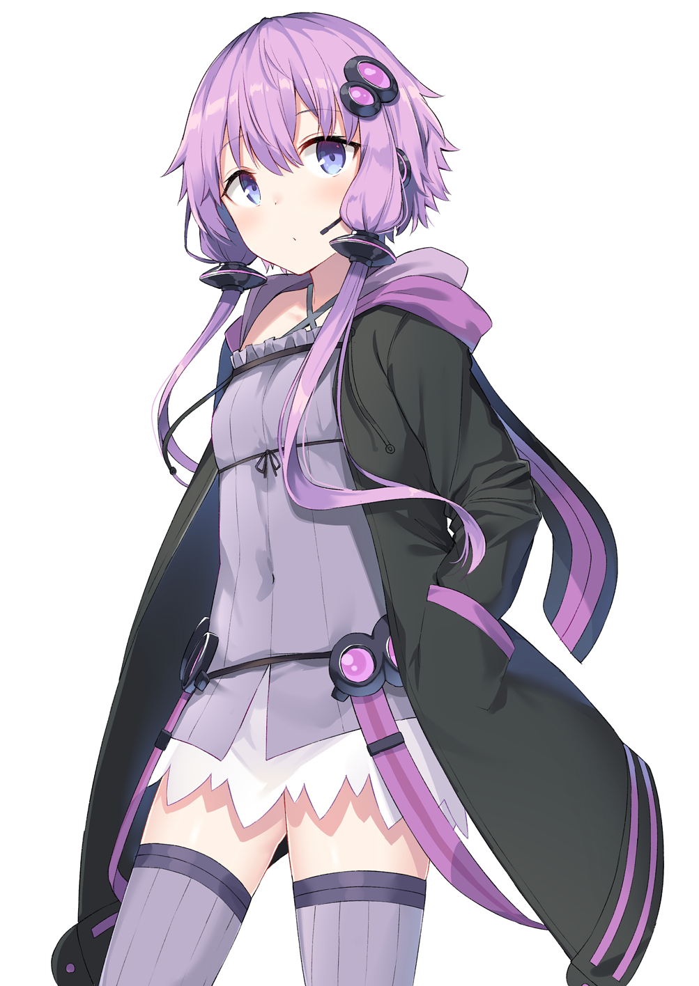 1girl bangs black_coat blue_eyes breasts coat covered_navel cowboy_shot dress eyebrows_visible_through_hair hair_between_eyes hair_ornament hands_in_pockets highres hood hood_down legs_apart long_hair long_sleeves low_twintails open_clothes open_coat pocket purple_dress purple_hair purple_legwear short_dress simple_background small_breasts solo thigh-highs twintails vocaloid voiceroid white_background yukarite yuzuki_yukari