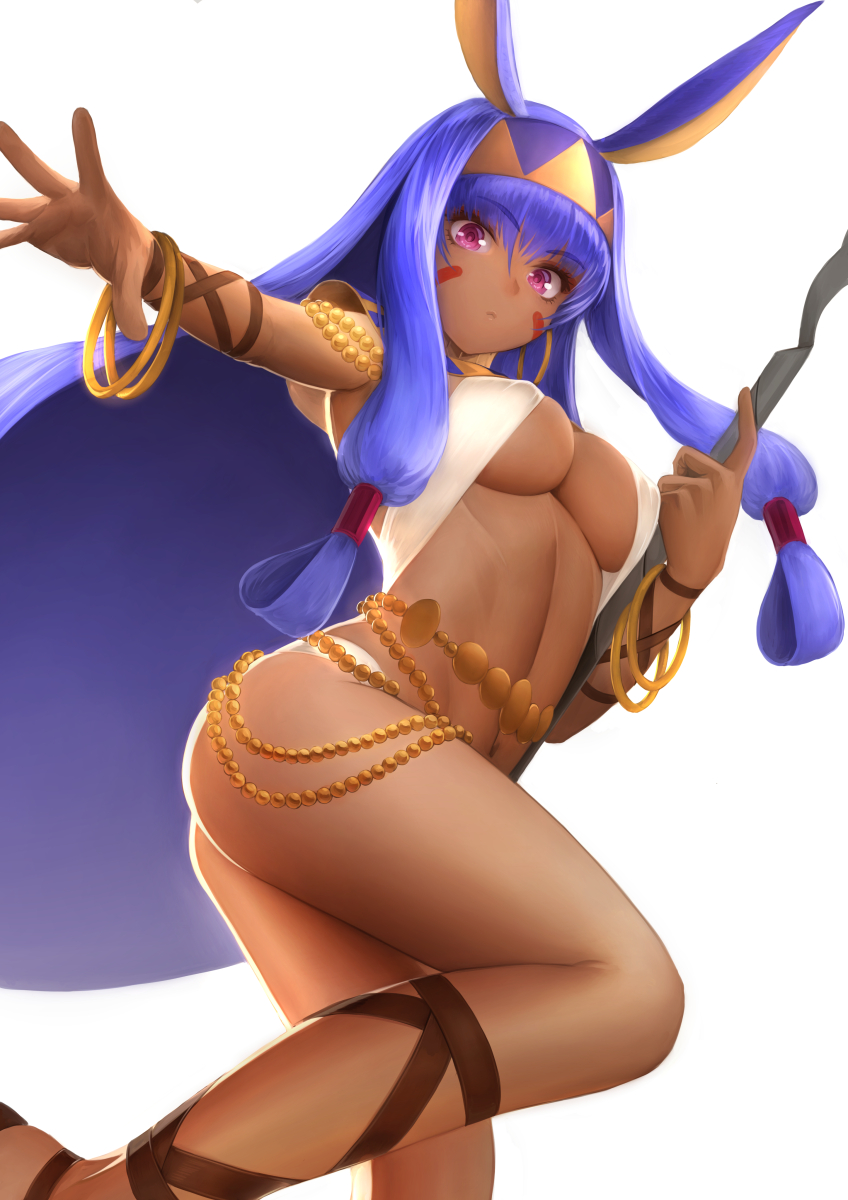1girl animal_ears bangs belly_chain bracelet breasts chains cleavage closed_mouth dark_skin detached_collar earrings egyptian_clothes eyeliner facepaint facial_mark fate/grand_order fate_(series) hairband halter_top halterneck highres hips hoop_earrings jackal_ears jewelry legband long_hair looking_at_viewer low-tied_long_hair makeup medium_breasts navel nitocris_(fate/grand_order) outstretched_arm purple_hair sidelocks simple_background solo staff swimsuit thighs under_boob very_long_hair violet_eyes waist white_background white_swimsuit wristband yamaneko_(tkdrumsco)