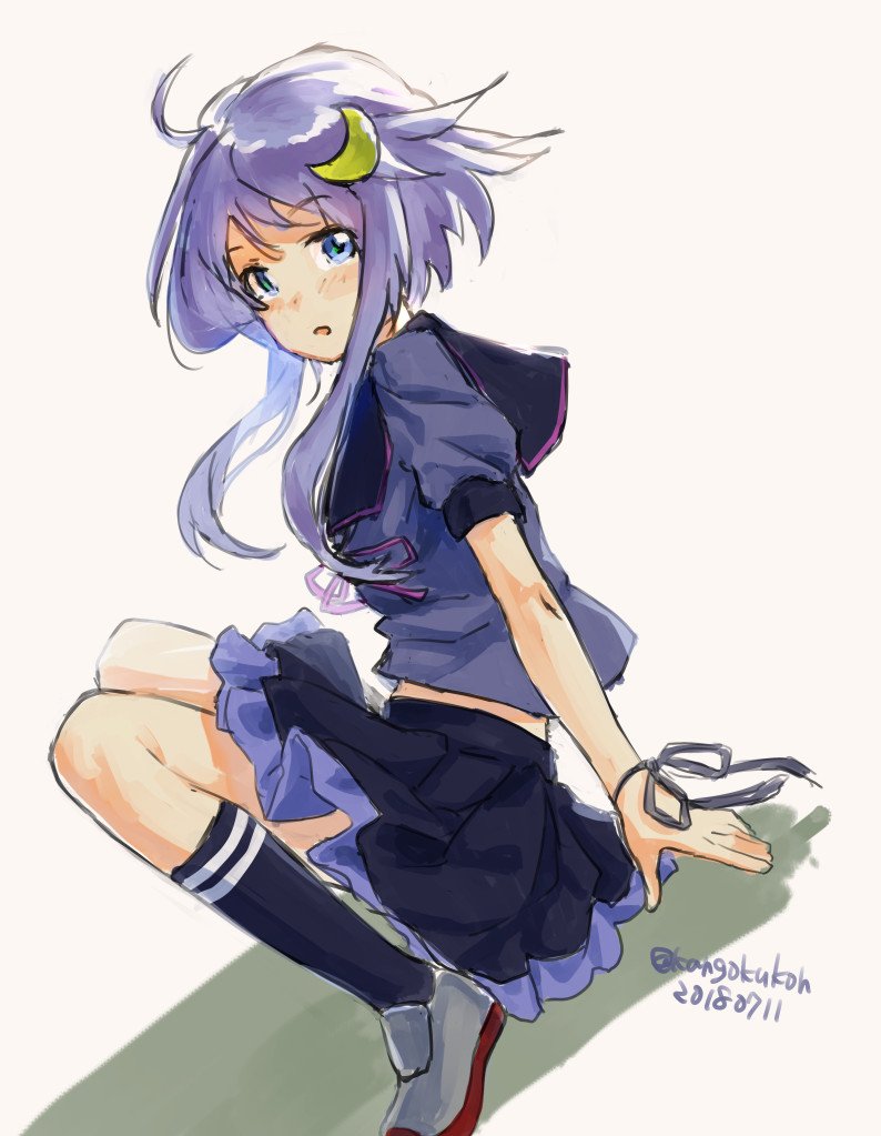 1girl black_sailor_collar black_serafuku black_skirt blue_eyes blue_shirt crescent crescent_hair_ornament dated frilled_skirt frills full_body hair_ornament kangoku_kou kantai_collection long_sleeves looking_at_viewer pleated_skirt purple_hair sailor_collar school_uniform serafuku shirt short_hair short_hair_with_long_locks sitting skirt slope solo twitter_username yayoi_(kantai_collection)