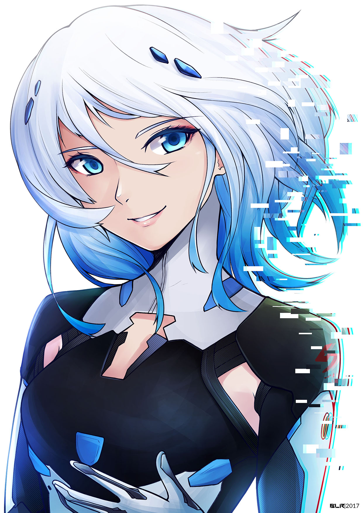 1girl 2017 beatless blue_eyes blue_hair blueriest bodysuit breasts chromatic_aberration cleavage cleavage_cutout floating_hair gradient_hair hair_between_eyes highres leicia medium_breasts multicolored_hair parted_lips silver_hair smile solo two-tone_hair upper_body white_background