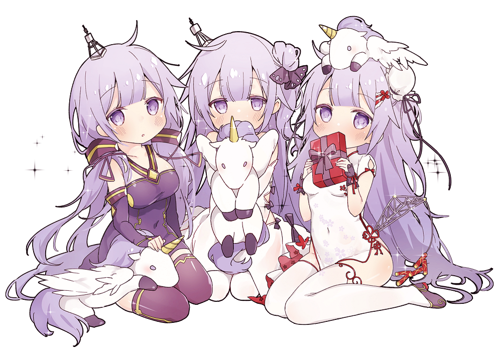3girls :o ahoge azur_lane bangs bare_shoulders black_bow black_footwear black_ribbon blush bow box breasts bun_cover china_dress chinese_clothes collarbone commentary_request cosplay covered_mouth covered_navel detached_sleeves dress eyebrows_visible_through_hair gift gift_box girl_sandwich hair_bun hair_ornament hair_ribbon halterneck holding holding_gift long_hair long_sleeves looking_at_viewer medium_breasts multiple_girls multiple_persona object_hug on_head one_side_up pantyhose parted_lips purple_dress purple_hair purple_legwear ribbon sandwiched seiza shoes short_sleeves side_bun simple_background sitting sleeves_past_wrists small_breasts sparkle stuffed_animal stuffed_pegasus stuffed_toy stuffed_unicorn tsuka unicorn_(azur_lane) very_long_hair violet_eyes vocaloid white_background white_dress white_legwear wrist_cuffs xingchen xingchen_(cosplay)