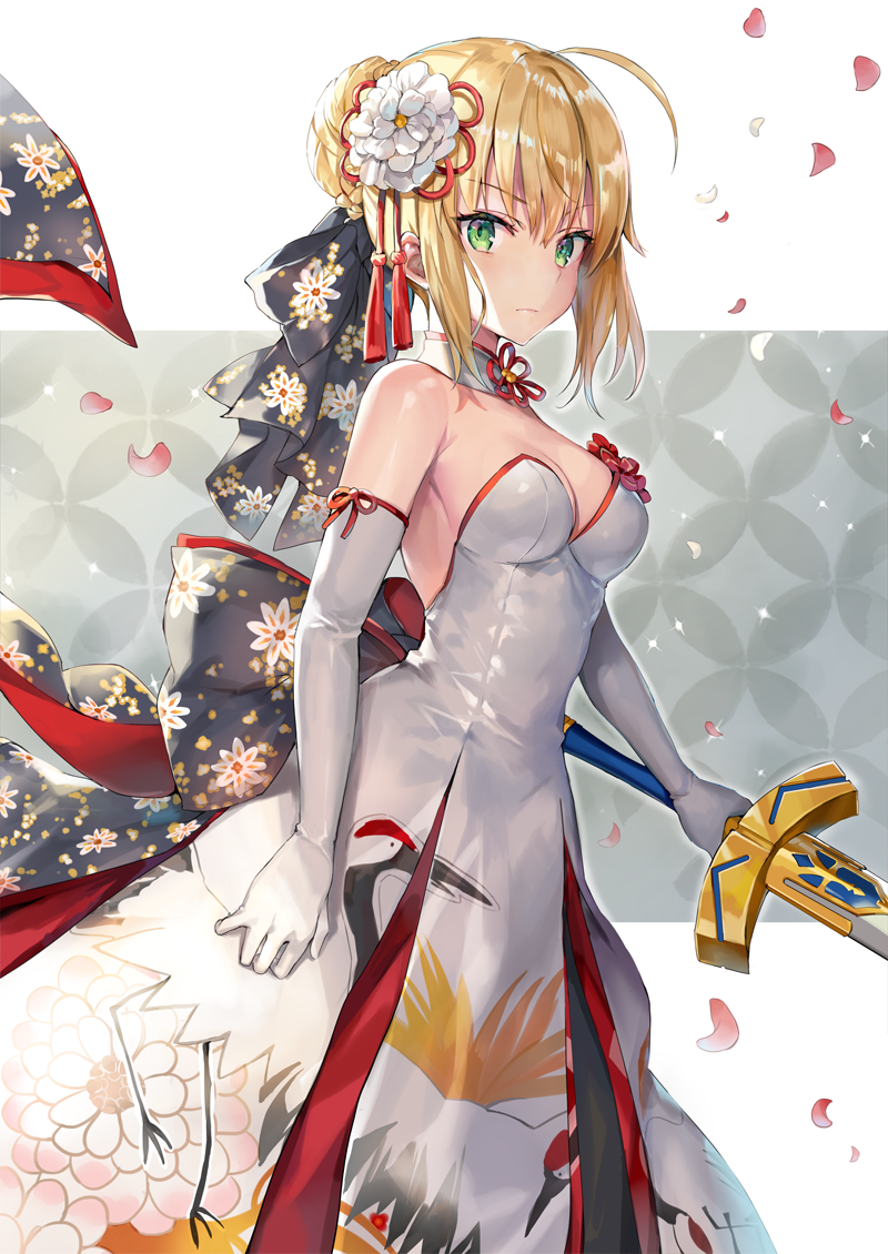 1girl ahoge artoria_pendragon_(all) bangs bare_shoulders black_bow blonde_hair blush bow braid breasts closed_mouth commentary_request detached_collar dress elbow_gloves excalibur eyebrows_visible_through_hair fate/stay_night fate_(series) floral_print flower from_side gloves green_eyes hair_between_eyes hair_bun hair_flower hair_ornament hair_ribbon holding holding_sword holding_weapon looking_at_viewer medium_breasts momoko_(momopoco) petals pleated_dress print_bow red_ribbon ribbon saber short_hair sidelocks solo standing strapless strapless_dress sword tsurime v-shaped_eyebrows weapon white_collar white_dress white_flower white_gloves