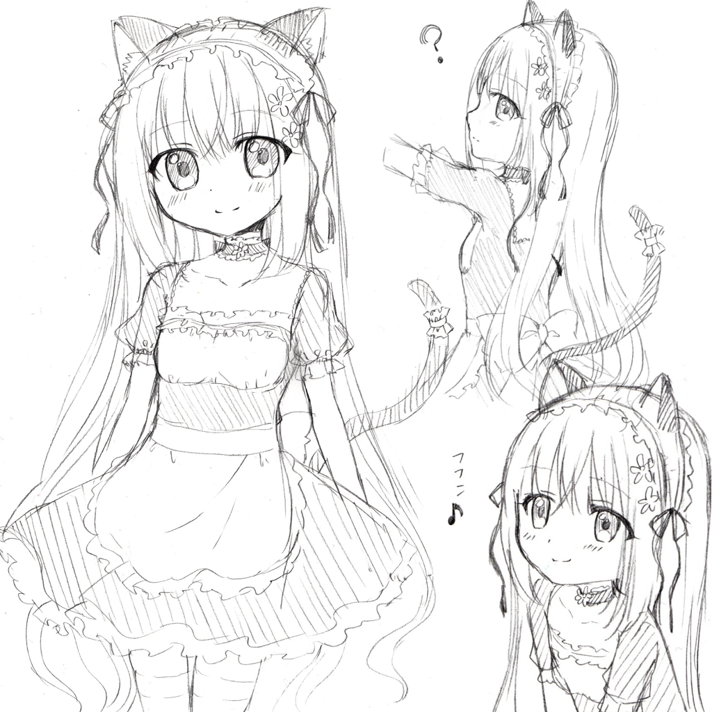 1girl ? animal_ears apron blush cat_ears cat_girl cat_tail choker closed_mouth collarbone dress eighth_note flower frilled_apron frills greyscale hair_flower hair_ornament hair_ribbon long_hair maid monochrome multiple_views musical_note original puffy_short_sleeves puffy_sleeves ribbon riria_(happy_strawberry) short_sleeves sidelocks simple_background sketch smile tail thigh-highs translation_request very_long_hair waist_apron white_background