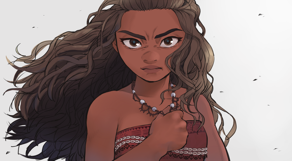 1girl bare_arms bare_shoulders breasts brown_eyes brown_hair clenched_hand close-up dark_skin disney floating_hair frown grey_background jewelry long_hair looking_at_viewer moana_(movie) moana_waialiki necklace pearl_necklace serious simple_background solo_focus tank_top upper_body wind wind_lift