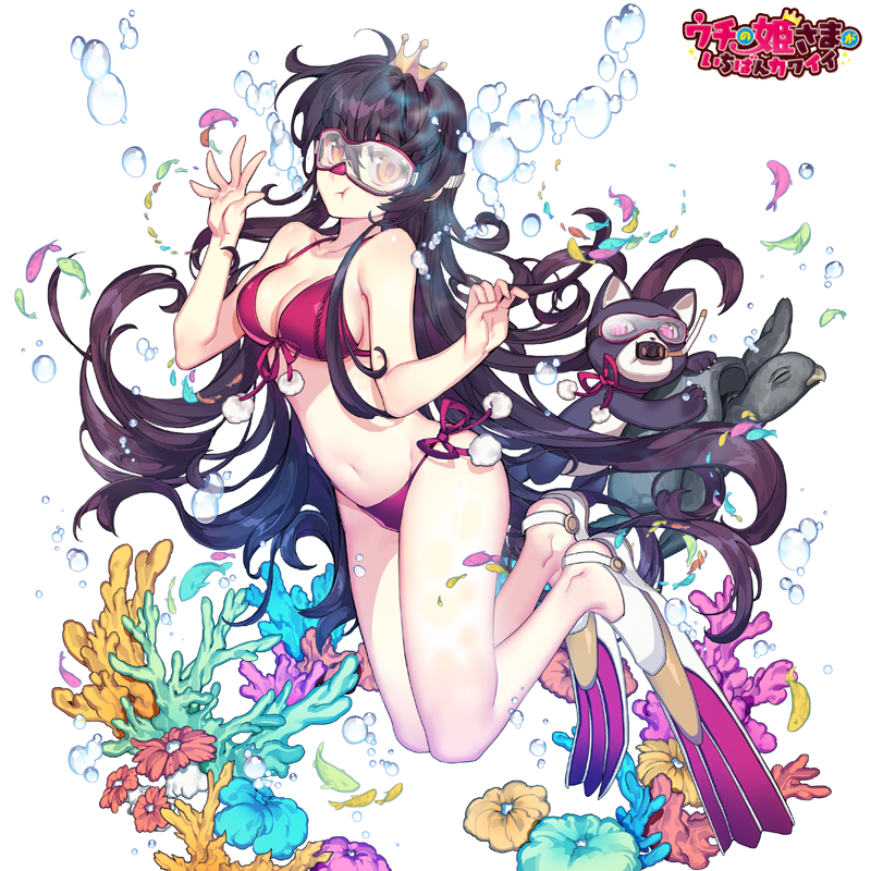 1girl air_bubble bikini black_hair breasts brown_eyes bubble cat copyright_name coral crown fish flippers flower goggles hand_up long_hair looking_at_viewer medium_breasts mini_crown official_art pika_(kai9464) red_bikini scuba_gear side-tie_bikini snorkel swimsuit uchi_no_hime-sama_ga_ichiban_kawaii underwater very_long_hair watermark