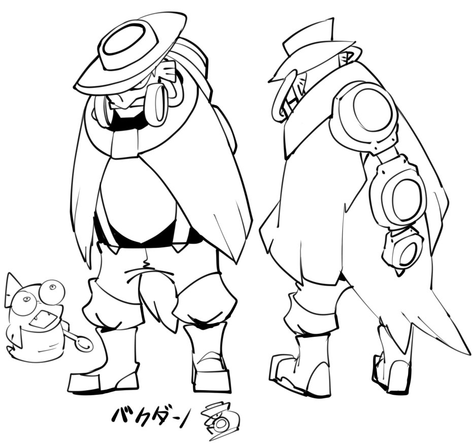 1boy boots fish fishman greyscale hat head_fins male_focus monochrome monster_boy multiple_views personification salmonid sido_(slipknot) simple_background smallfry_(splatoon) splatoon splatoon_2 spoon steel_eel suspenders turnaround white_background