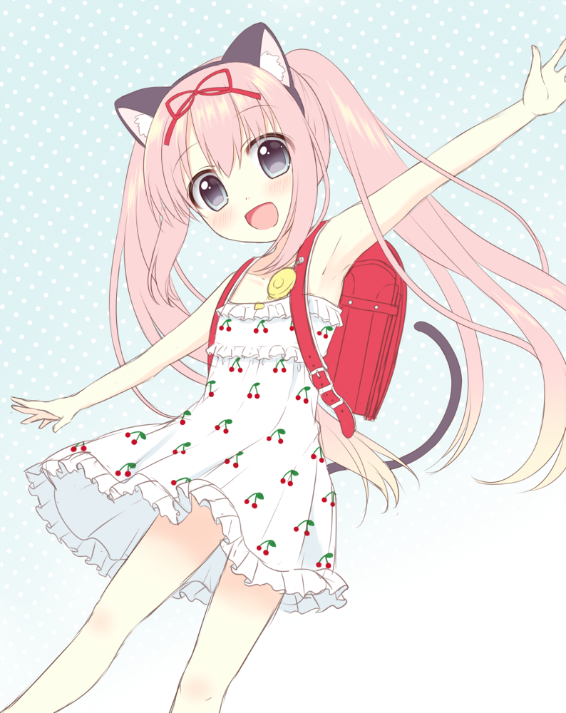 1girl :d animal_ears armpits backpack bag bare_arms bare_shoulders blonde_hair blue_background blue_eyes blush cat_ears cat_girl cat_tail cherry_print collarbone crime_prevention_buzzer dress food_print frilled_dress frills gradient gradient_background gradient_hair hair_ribbon head_tilt long_hair multicolored_hair open_mouth original outstretched_arms pink_hair polka_dot polka_dot_background print_dress randoseru red_ribbon ribbon riria_(happy_strawberry) sleeveless sleeveless_dress smile solo tail tail_raised twintails very_long_hair white_background white_dress