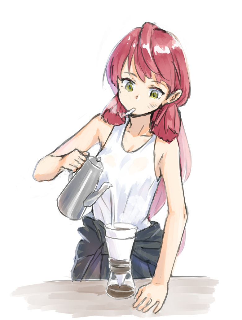 1girl akashi_(kantai_collection) black_jumpsuit cigarette coffee coffee_filter coffee_pot cowboy_shot green_eyes hair_ribbon kangoku_kou kantai_collection kettle long_hair mouth_hold pink_hair pouring ribbon simple_background smoking solo tied_jumpsuit tress_ribbon undersuit white_background